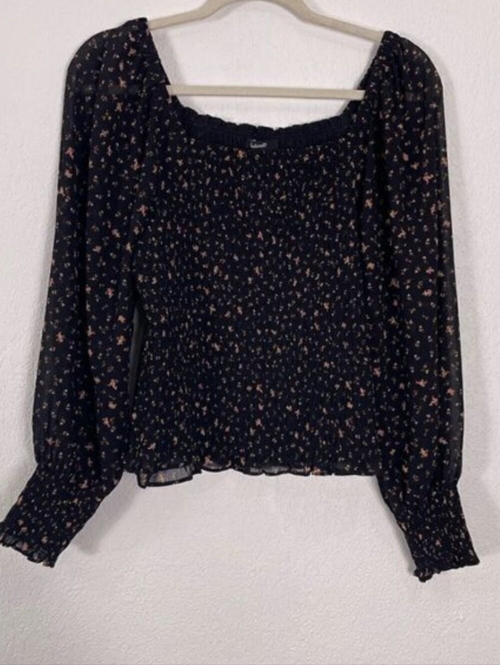 Madewell Black & Orange Floral Smocked Long Sleeve Top M